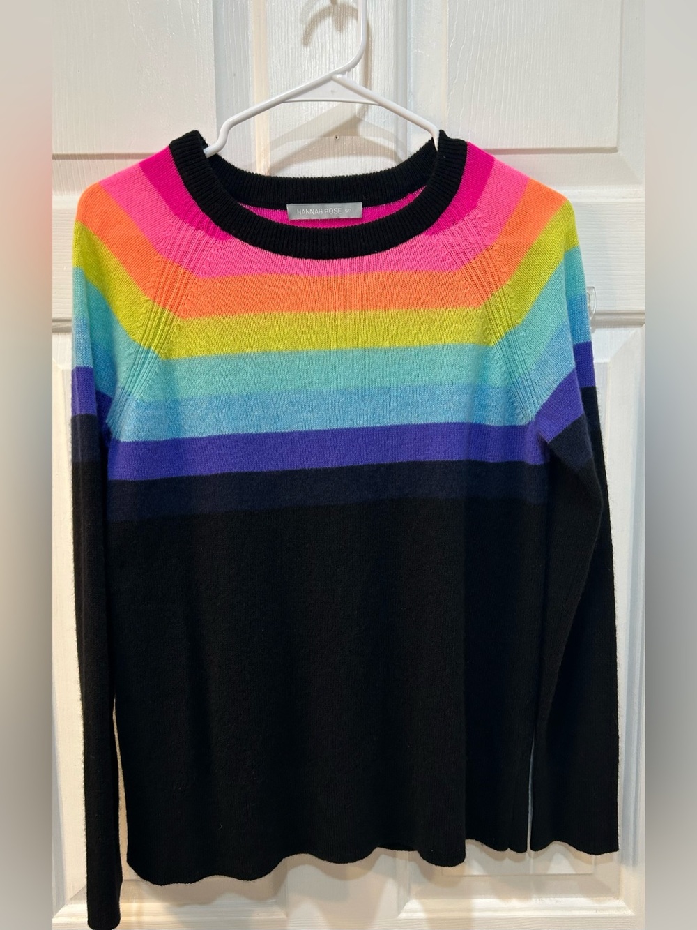 Hannah Rose 100% Cashmere Colorful Stripe Sweater Sz S Crew Neck Rainbow Preppy